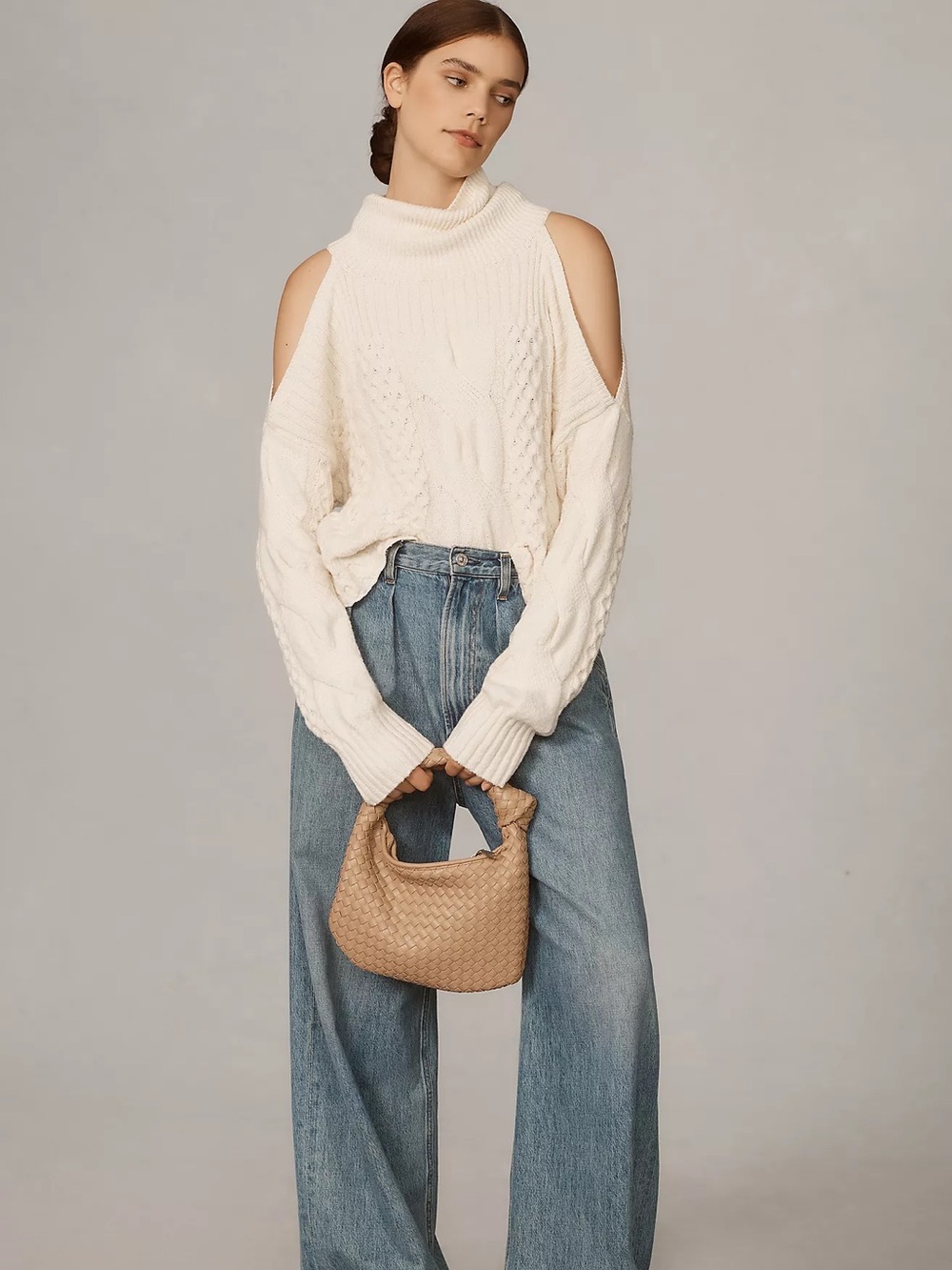 By Anthropologie Cold Shoulder Cable Sweater Size L